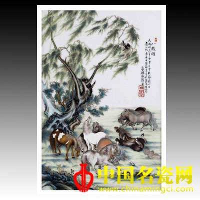 余翰青 粉彩八駿圖瓷板
