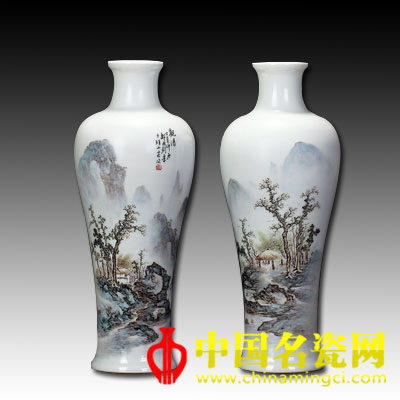  鄒國鈞 粉彩《山亭論古》山水圖賞瓶 （一對）