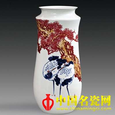 黃美堯 壽鶴延年 釉下裝飾瓷瓶