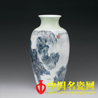 唐自強 奇峰秀石 釉上彩瓷瓶