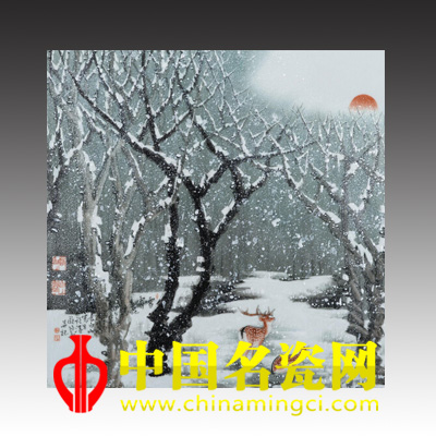 歐陽敏 粉彩“雪霽鹿鳴”瓷板