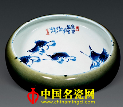 黃賣九“魚樂圖”青花水盂