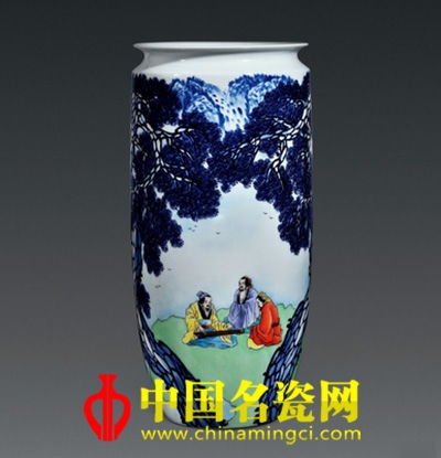 王懷俊“松下?lián)崆賵D”青花斗彩瓷瓶