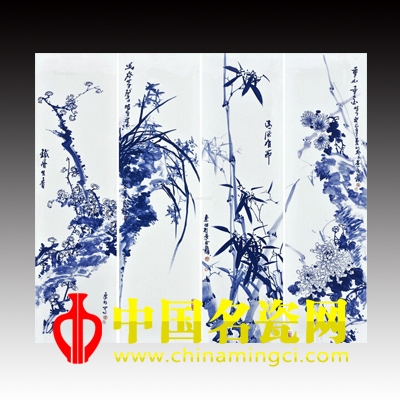 李東明 梅、蘭、竹、菊?青花瓷板