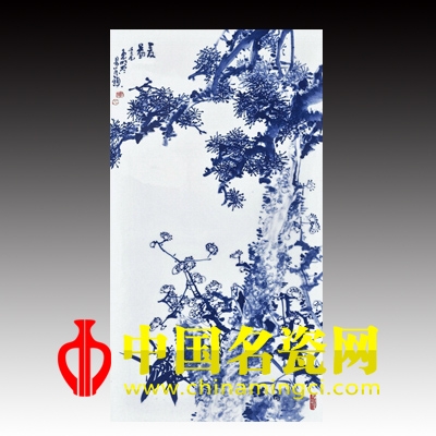 李東明 三友圖?青花瓷板掛屏