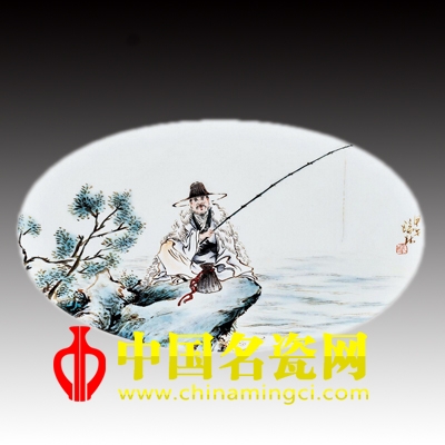 俞瑞林 江邊獨(dú)釣?粉彩瓷板