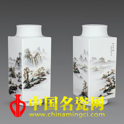 汪艷 秋江清峰·粉彩琮式瓶