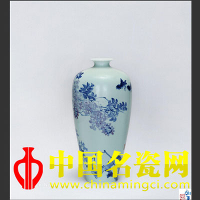 劉平 釉下彩紫藤小鳥