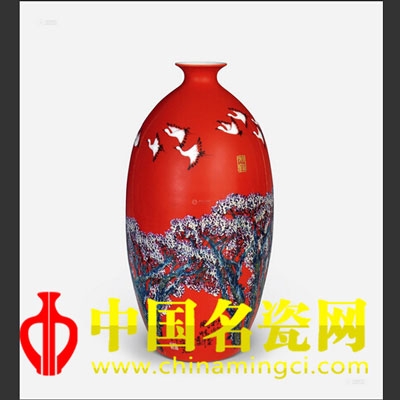 寧勤征 高溫中華紅顏色釉“秋鶴風(fēng)情”瓷瓶