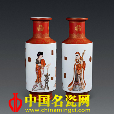洪爵振 四美圖?古彩瓷瓶