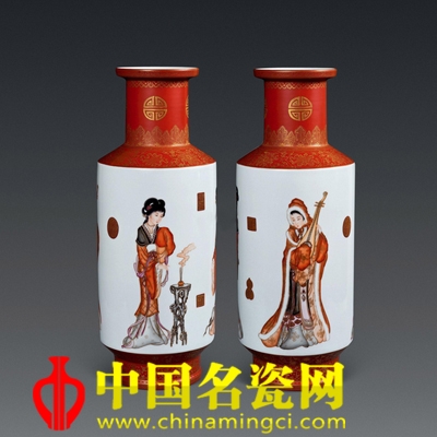 洪爵振 四美圖?古彩瓷瓶
