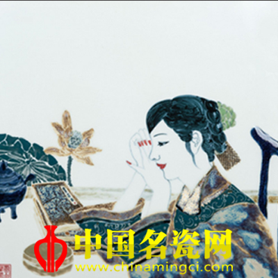 賈玉蘭 高溫顏色釉“賞荷圖”瓷板