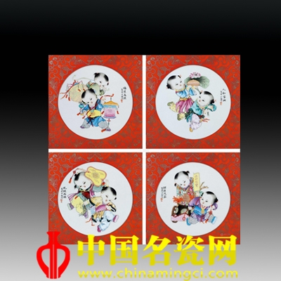  張中聞 嬰戲圖釉上彩對(duì)屏