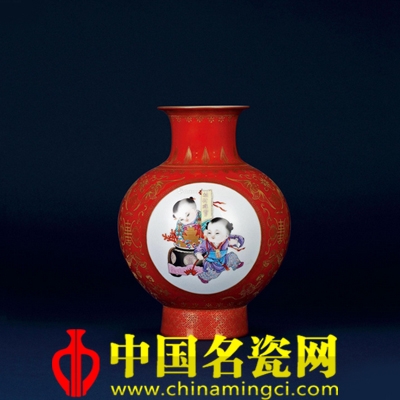 張中聞 吉慶童子珊瑚紅開光燈籠瓶