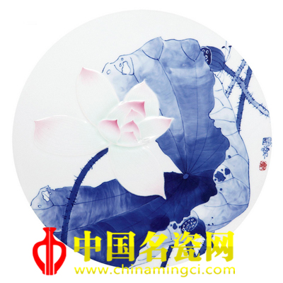 歐陽桑 青花分水半刀泥綜合裝飾 潔荷 瓷板