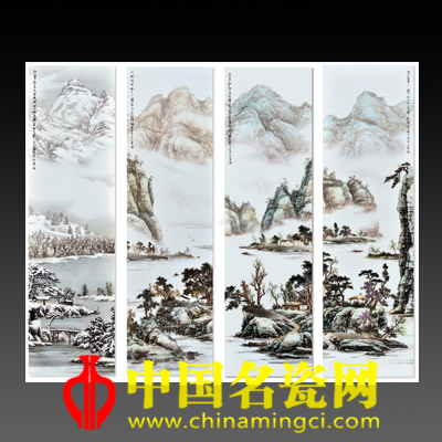  李一來 四季山水·粉彩瓷板四條屏