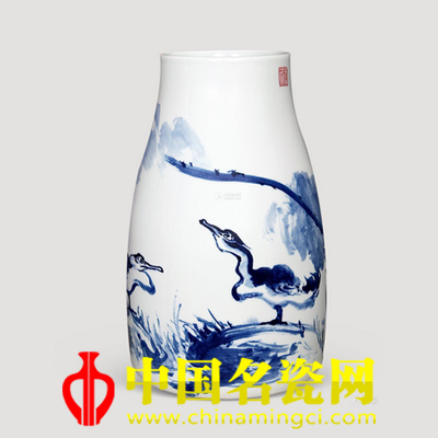 馮叔文 青花 秋水凝神 瓷瓶
