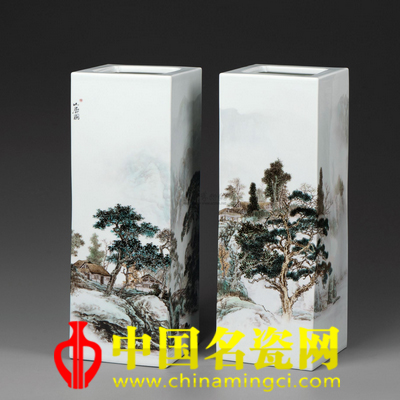 李一來 谷靜幽居 粉彩四方鑲器 （一對）