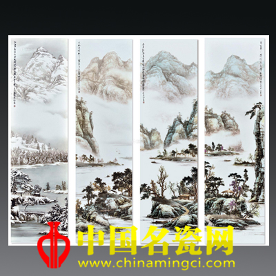 李一來 四季山水·粉彩瓷板四條屏