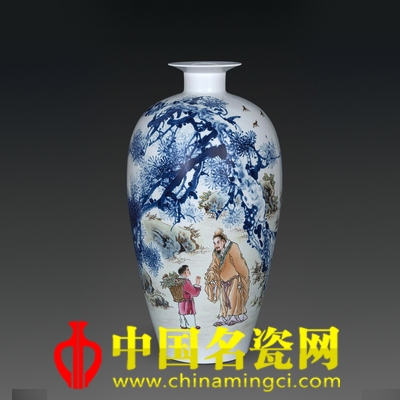 曹木林 青花斗彩“松下問童子”瓷瓶 