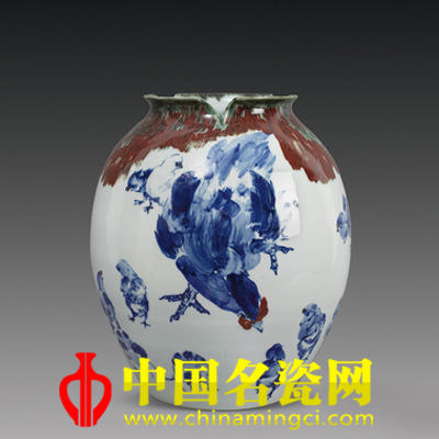 涂金水 青花釉里紅母子情深花口瓶