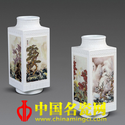 簡丹 春夏秋冬·粉彩四方鑲器