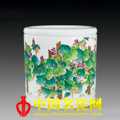 劉毅 釉上彩“清香扁豆”筆筒