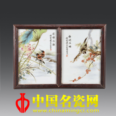 程云 花鳥紋瓷板畫對屏