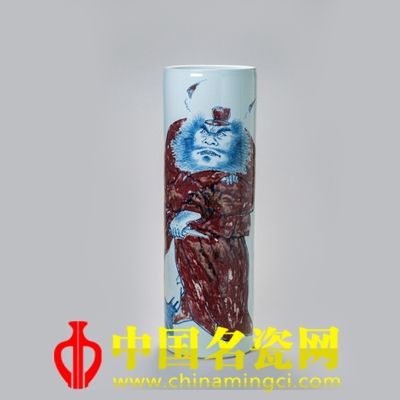 白海 鐘馗圖 青花釉里紅直筒瓶 