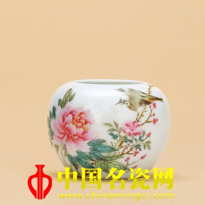 余翰青 粉彩花鳥小罐