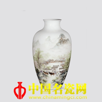 龔耀庭 春耕出工圖·粉彩薄胎瓶