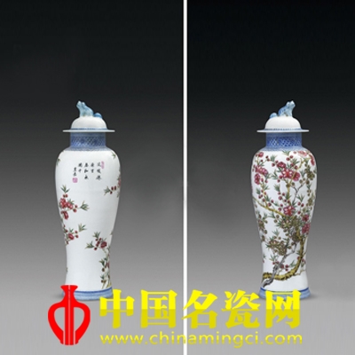 葉震嘉 粉彩梅花將軍蓋罐