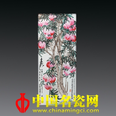 卓安之 粉彩《壽桃》瓷板 