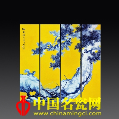 吳晶文 色地青花“松風(fēng)圖”瓷板四條屏