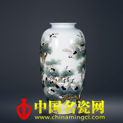 陳秀雅 繪粉彩松齡鶴壽圖瓶 